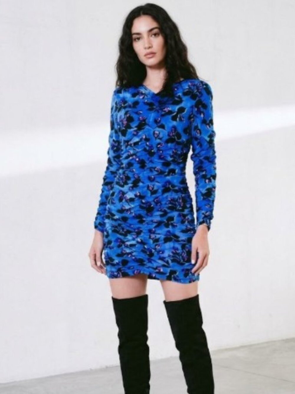 ZARA Blue Floral Ruched Mini Dress Long Sleeve XS Bodycon